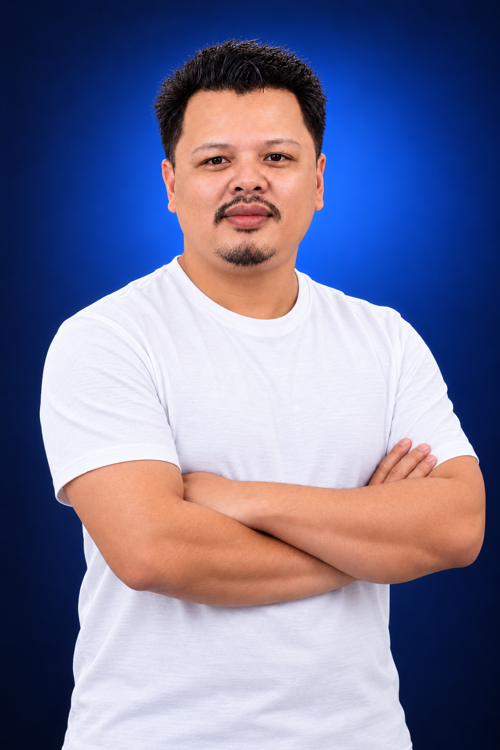 Portrait of Christopher John Plarisan against a navy blue background