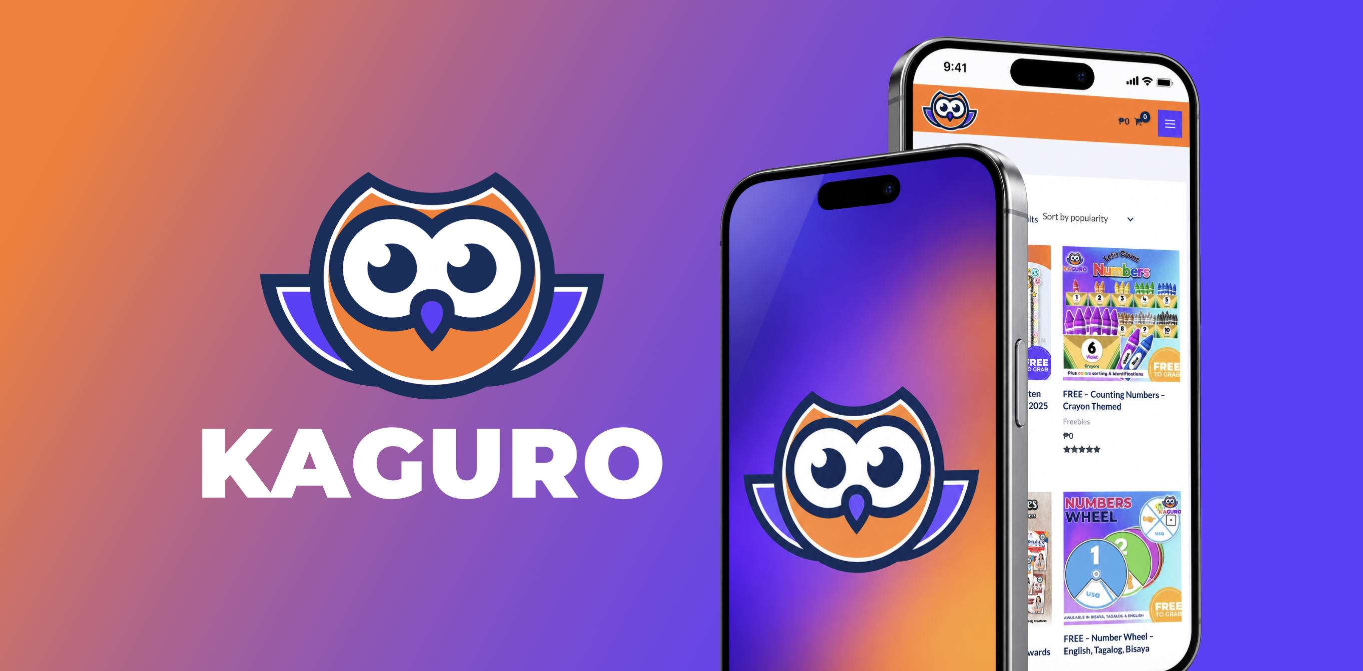 Kaguro owl logo presentation alongside mobile website mockups