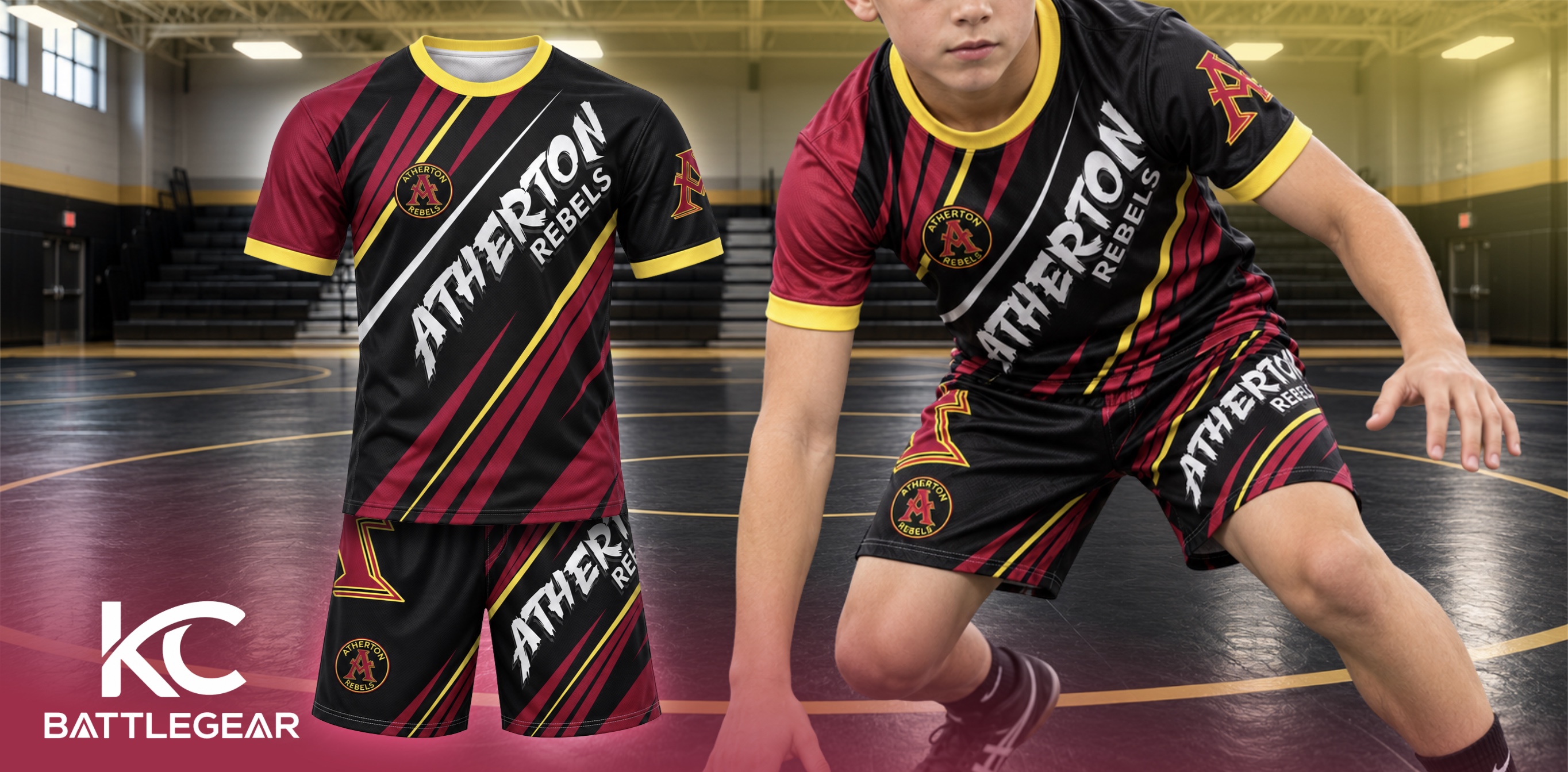 KC Battlegear wrestling apparel in black, crimson, and gold