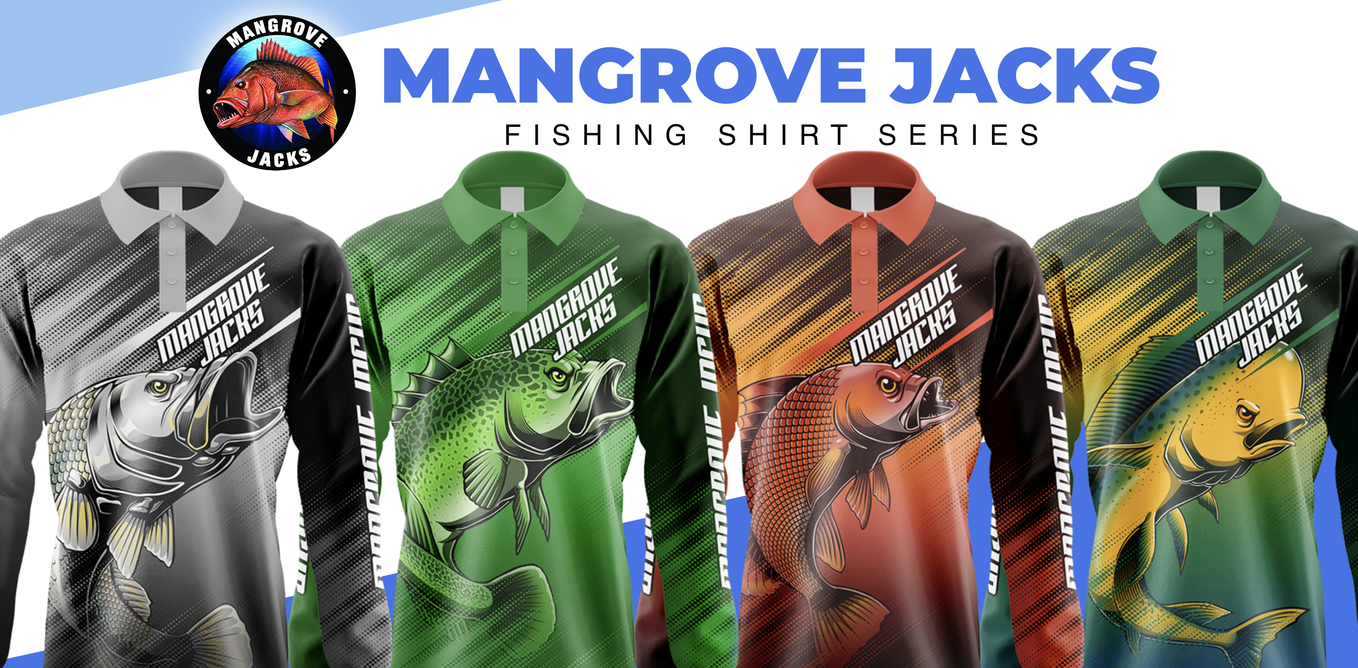 Mangrove Jacks fishing shirt series featuring four fish-themed long-sleeve shirt designs