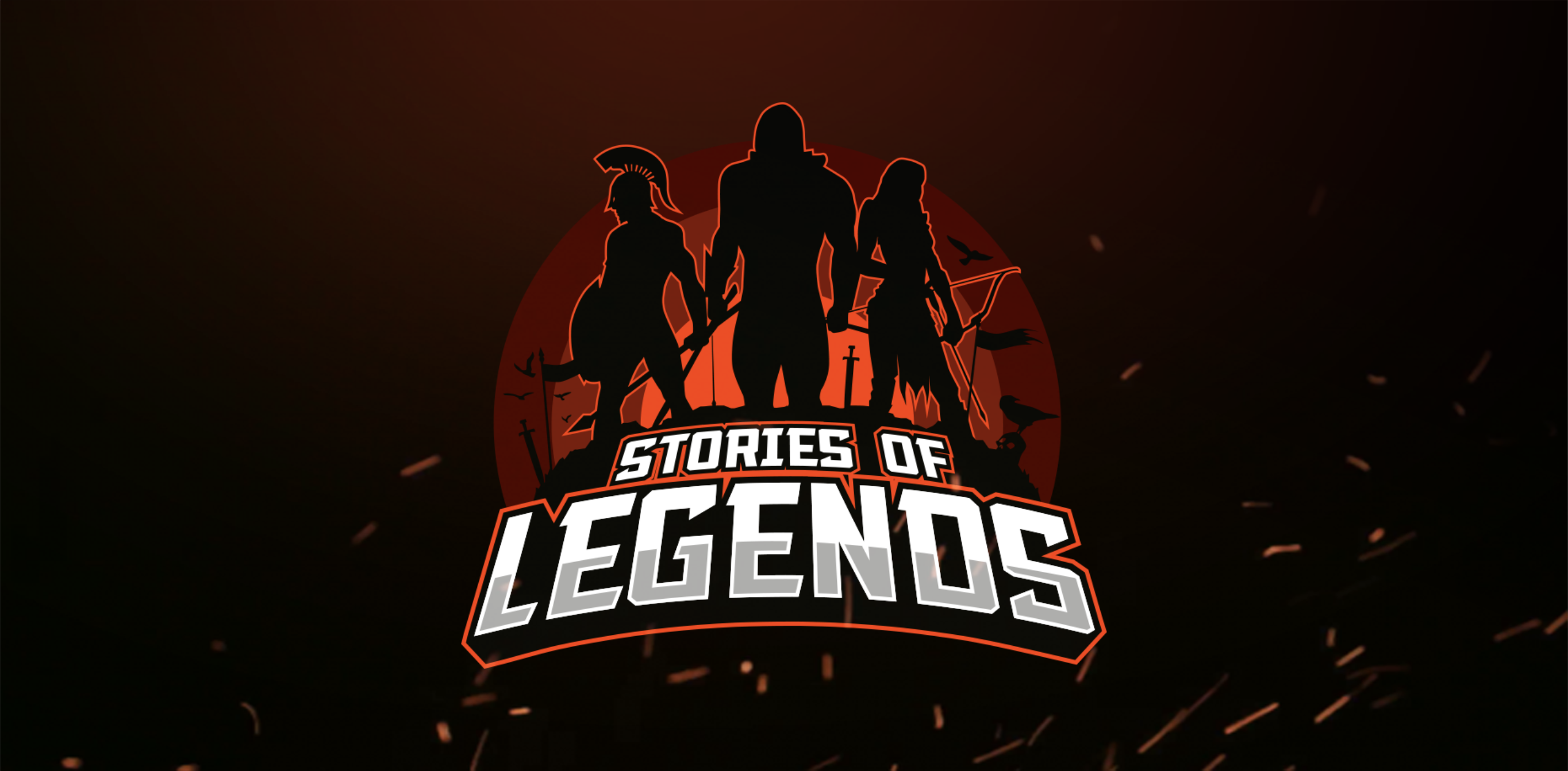 Stories of Legends gaming logo with warrior silhouettes and fiery orange accents