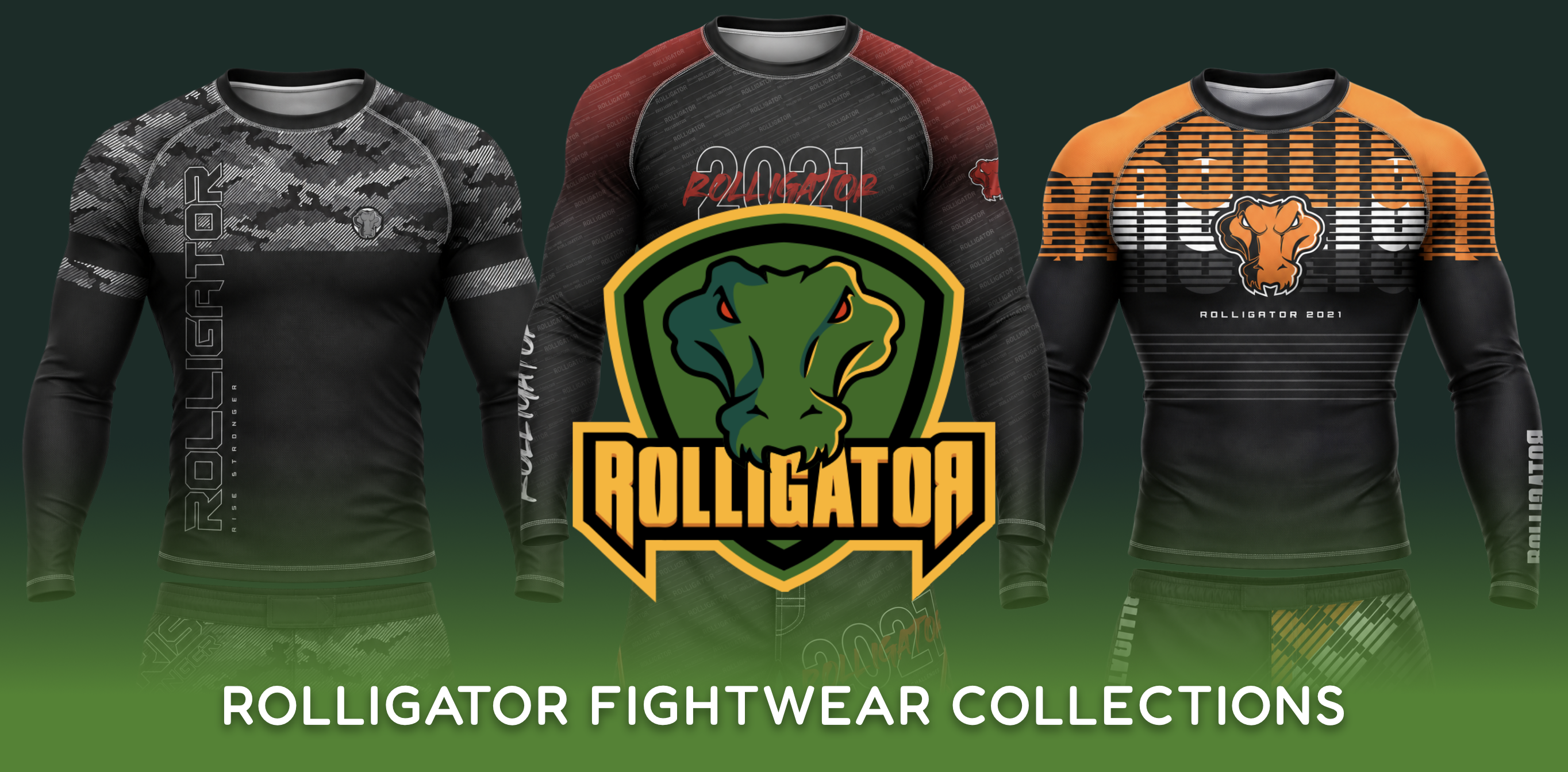 Rolligator fightwear collection featuring three long-sleeve compression shirt designs