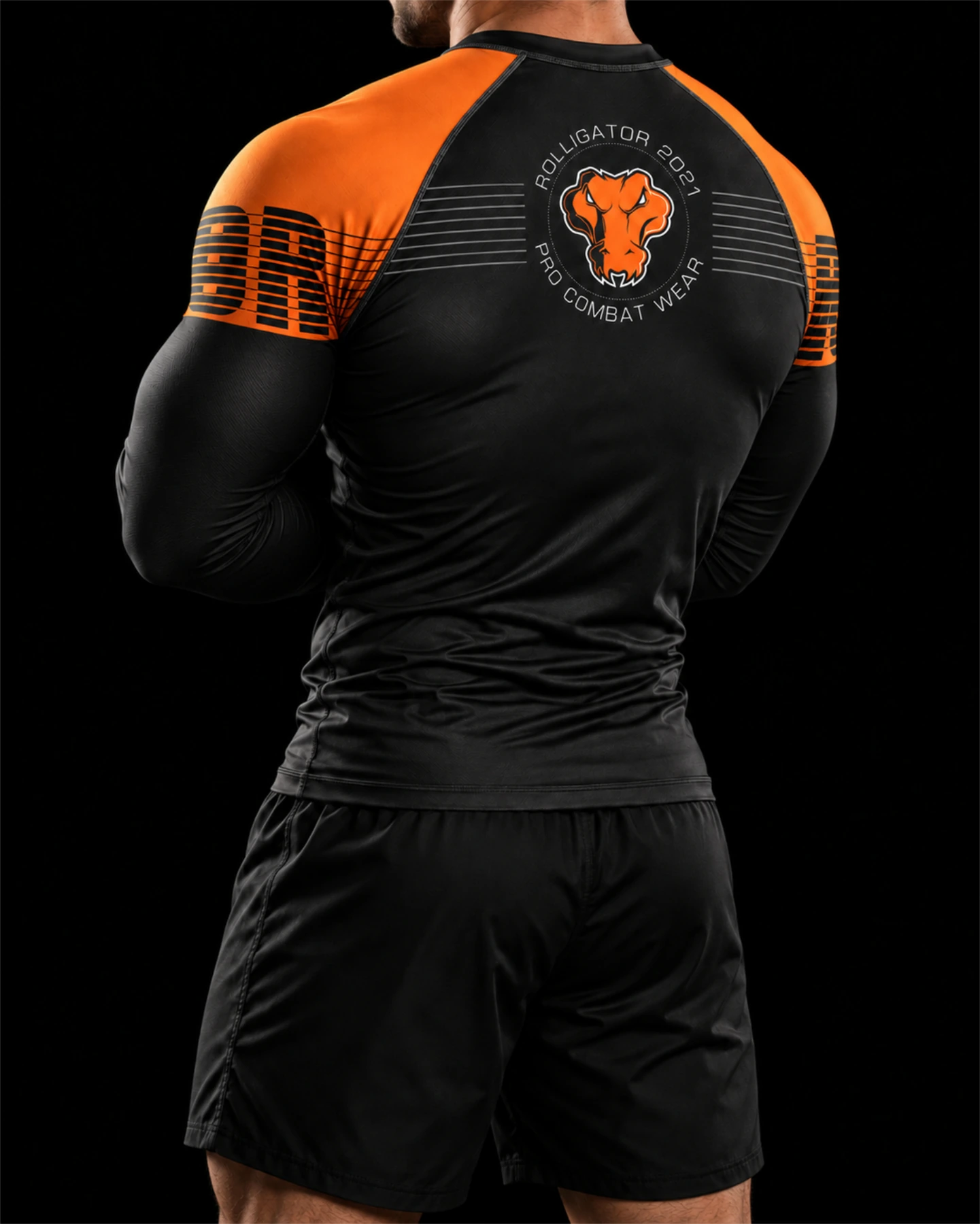 Back design visualization of the Rolligator top, showing the circular brand mark and orange sleeves