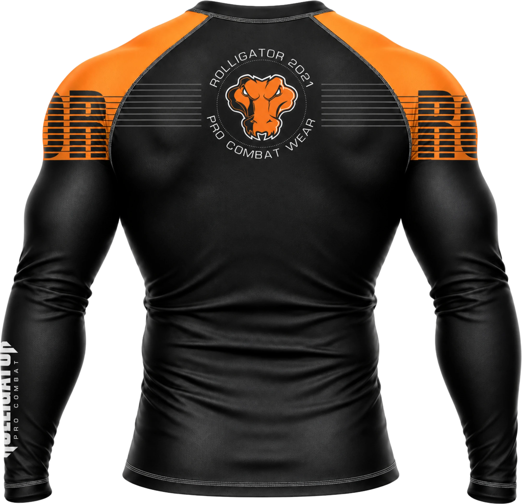 Back garment mockup showing the smaller Rolligator mark on a dark base and orange shoulders