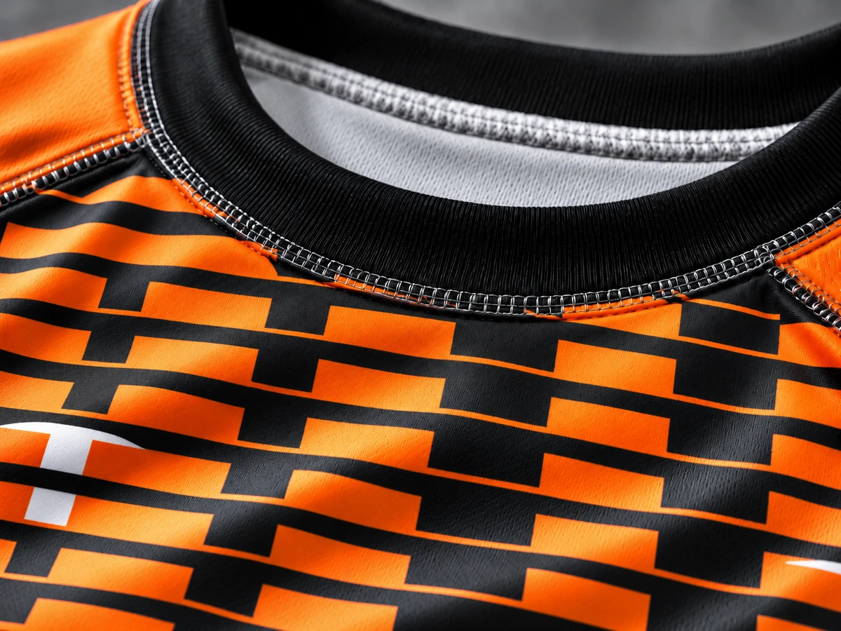 Design visualization of the black collar and orange and black chest graphics
