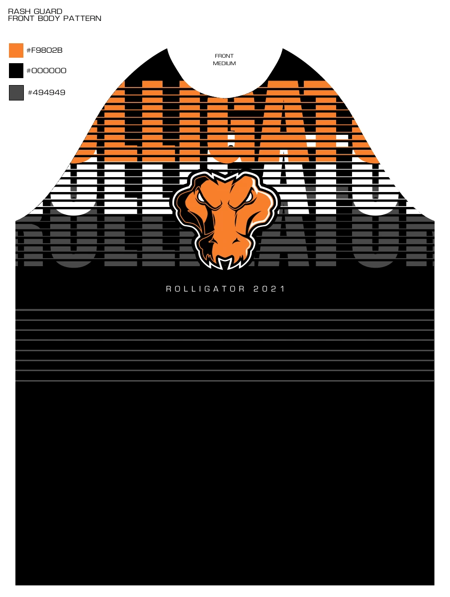 Front body PDF artwork sheet with the Medium size label and orange, black, and grey colour references