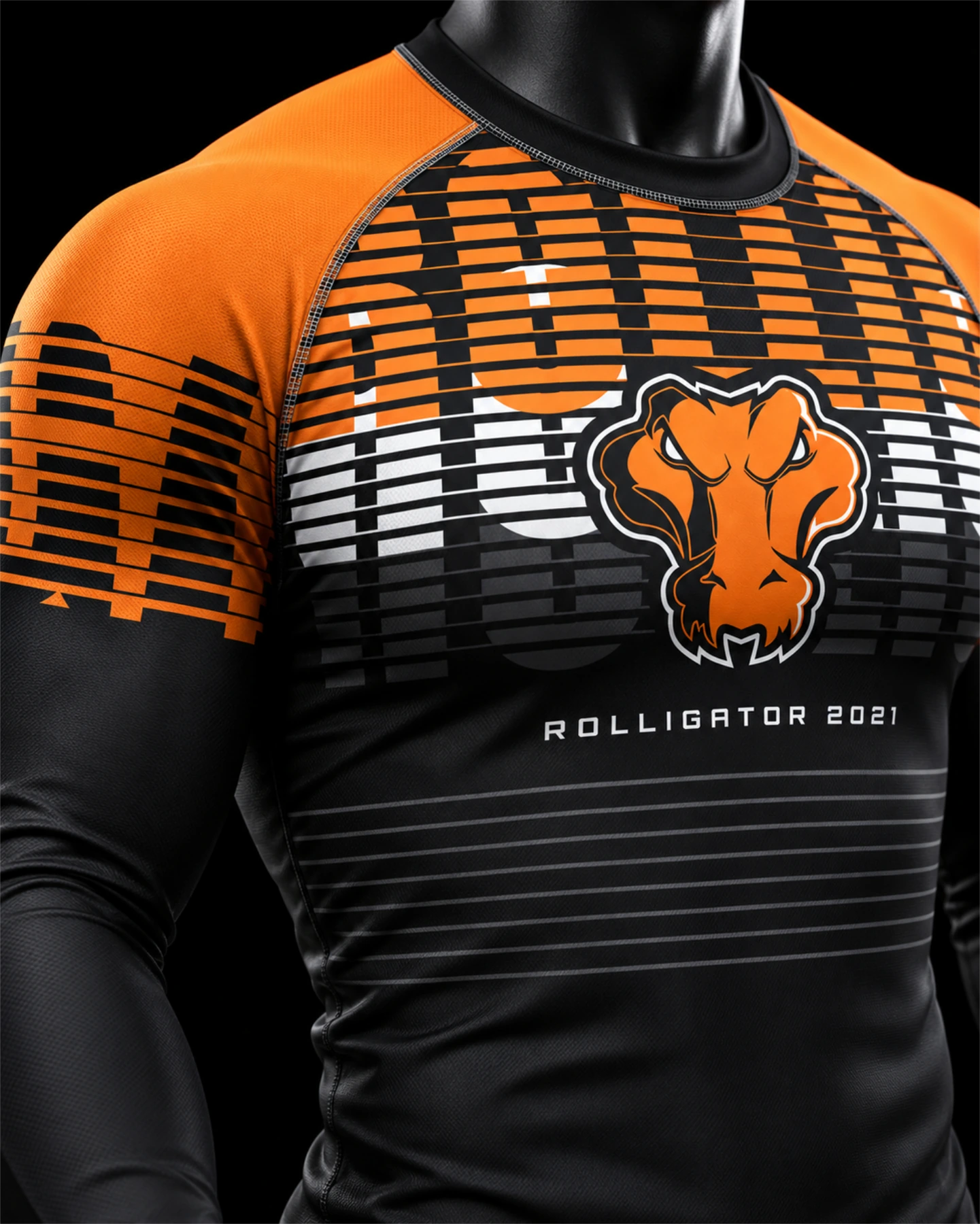 Front design visualization of the Rolligator top, showing the chest logo and orange shoulder graphics