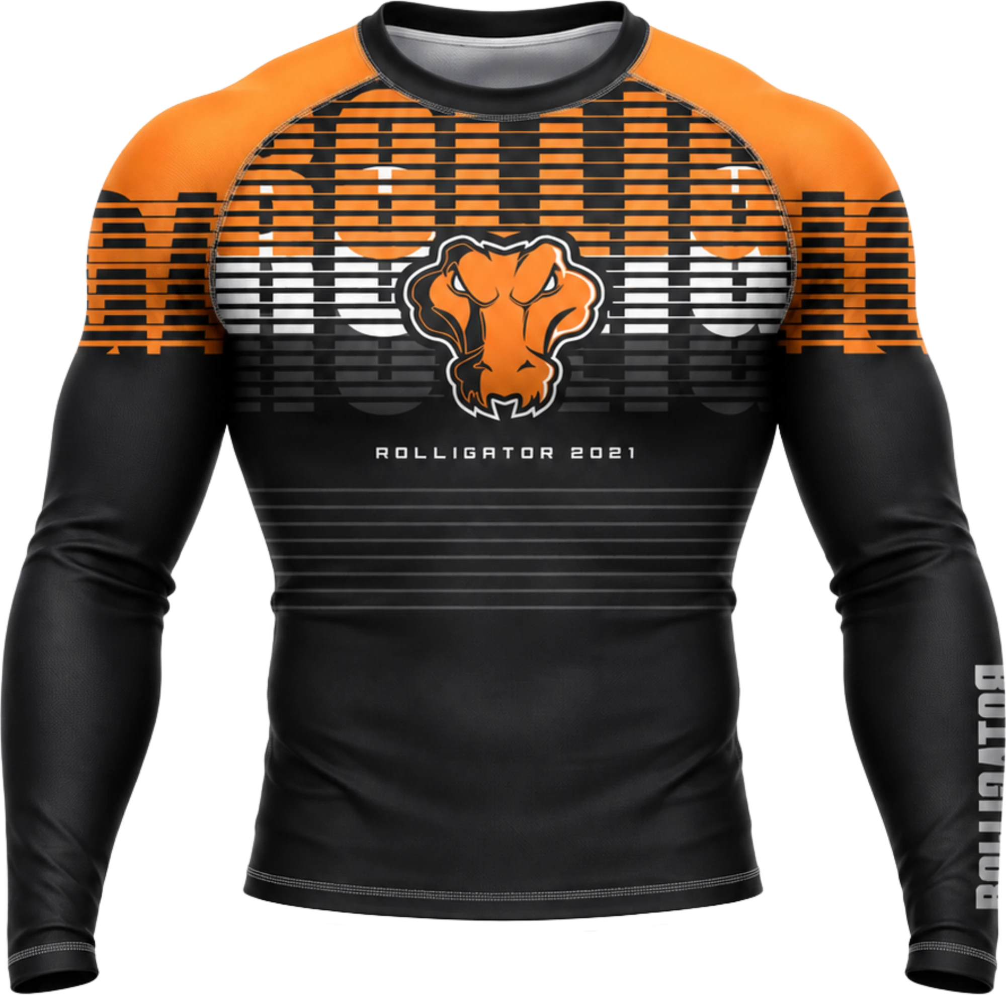 Front garment mockup showing the central orange crocodile, repeated typography, and horizontal stripes