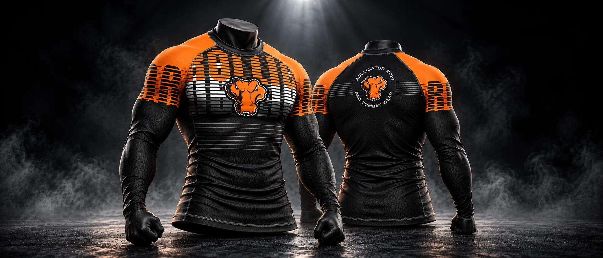 Front and back digital presentation of the orange and black Rolligator fightwear design