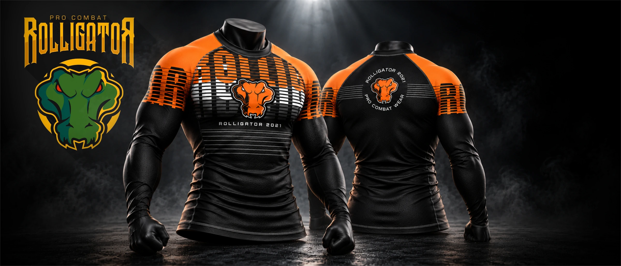 Rolligator logo beside front and back digital views of the orange and black fightwear top