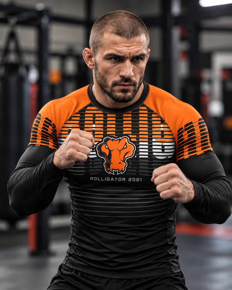 Design visualization of an athlete wearing the orange and black Rolligator top
